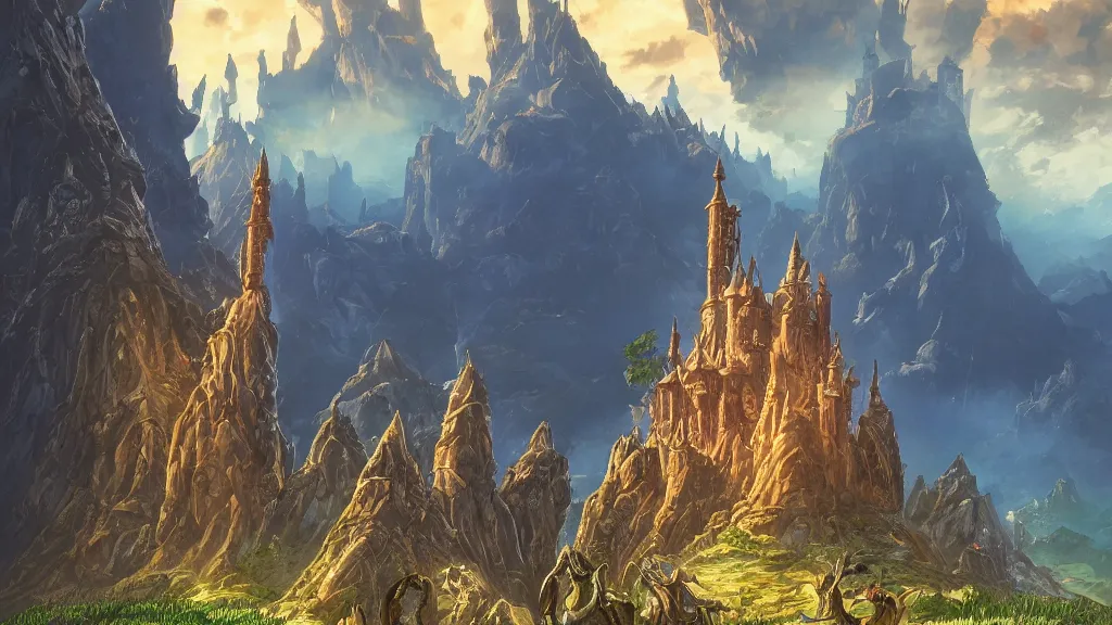 Prompt: An imposing and highly ornamented fantasy castle, Carved from Sapphire stone, Atmosphere, Dramatic lighting, Beautiful Landscape, Epic composition, Wide angle, by Miyazaki, Nausicaa Ghibli, Breath of The Wild