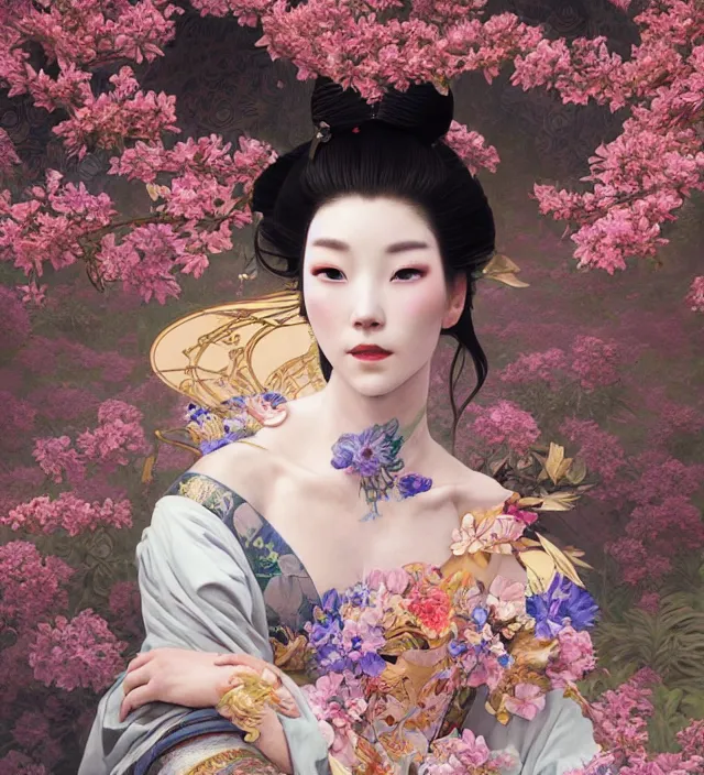 Prompt: baroque portrait of one yakusa biomechanic android geisha with tattoos is lying down in a river made of thousand of flowers, backlighting, photorealistic, octane render, 8 k, depth of field, art by artgerm and greg rutkowski and alphonse mucha and uang guangjian