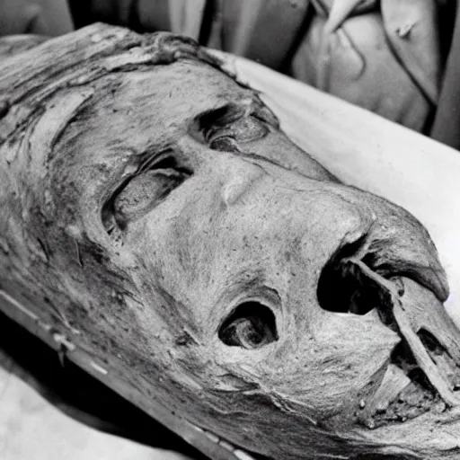 Image similar to beethoven's mummified corpse in a casket, close up shot.