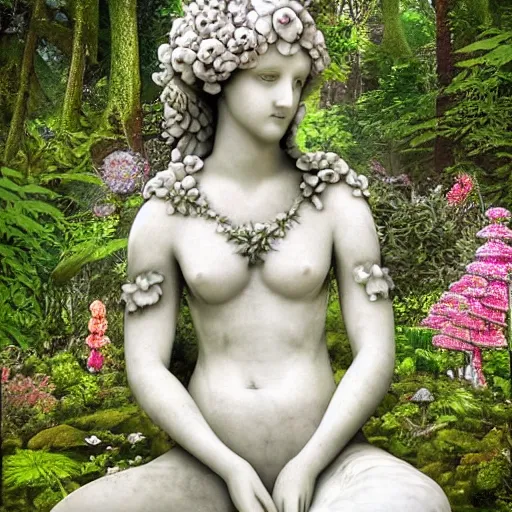 Image similar to an idealistic marble statue with fractal flowery hair in a fractal garden, glowing delicate flower and mushrooms that grow in a dark fatansy forest on the planet Pandora,, symmetrical,