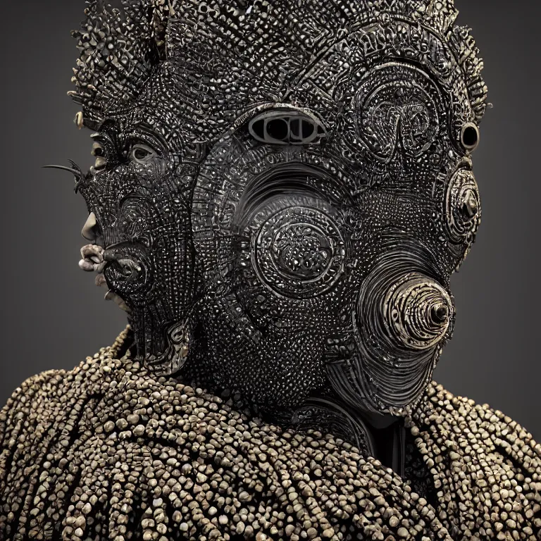 Image similar to hypperrealism octane render portrait by wayne barlow and carlo crivelli and glenn fabry, an afrrican mandinka dancer wearing an elaborate costume and hand - carved mask with intricate painted details emerging from a pool of black shiny ferrofluid inside an ancient roman temple, cinema 4 d, ray traced lighting, very short depth of field, bokeh