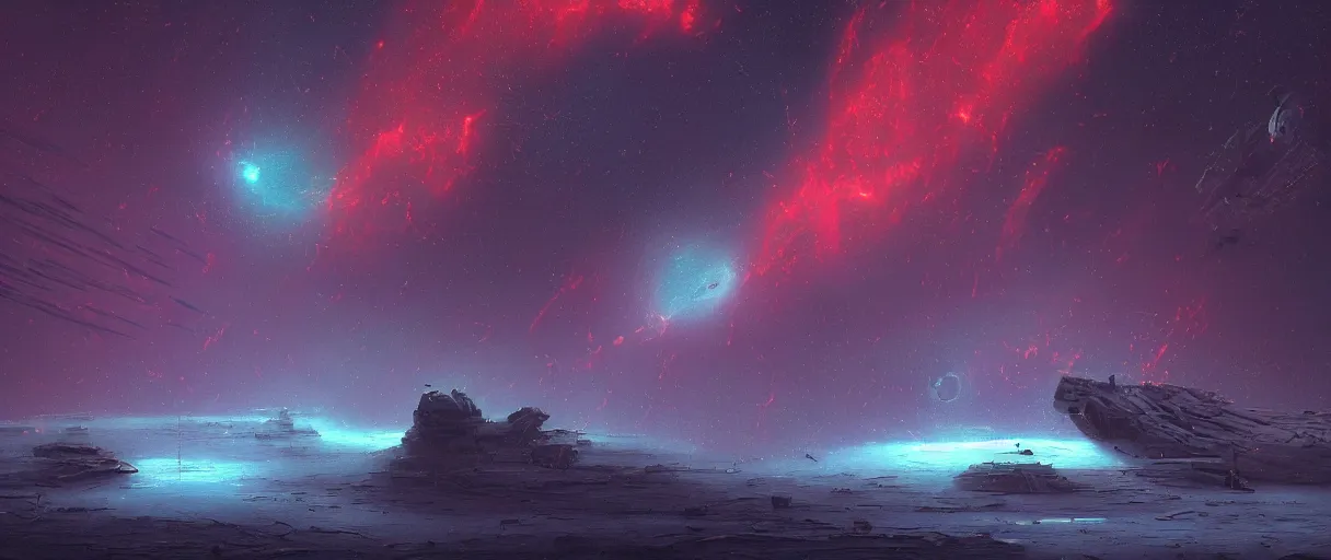 Image similar to lone industrial!!! spaceship!!, deepspace exploration!!!, flying, ridley scott universe, floating!!! in a nebula, the final frontier, illustrative!!, apparent brush strokes, hyperdetailed, sketch, cinematic lighting, 4k, wide angle, beksinski,, trending on artstation, ((neon colors))