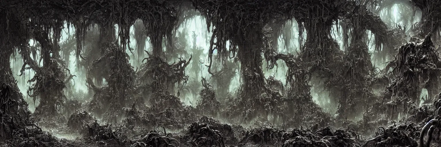 Prompt: underground cave on an exotic alien planet, jungle gates of antler trees, insectile plants, gnarled stumps and weed overgrowth, dark demon faces, skulls, by ian miller, rodney matthews and artstation, hyperdetailed, photorealistic render