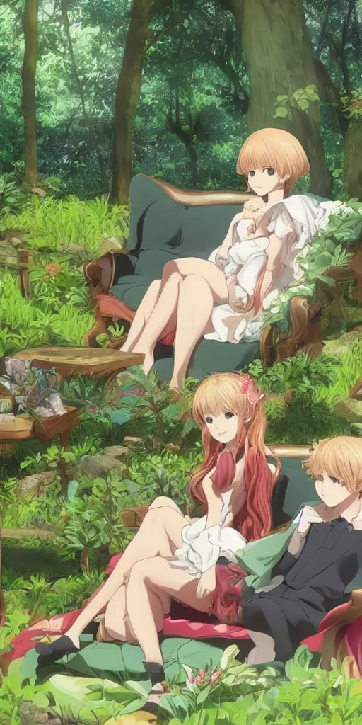 Image similar to a queen of love sitting of a sofa in a forest, drawn by CloverWorks,