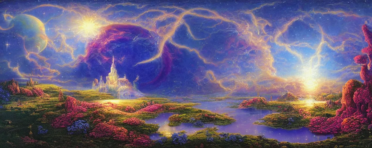 Image similar to a visionary art painting by gilbert williams of a sparkling floating island realm