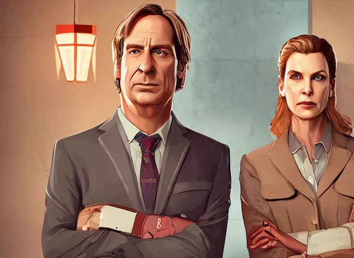 Image similar to ilustration of kim wexler and saul goodman, extremely detailed artstation, for aaa game, high quality, adobe ilustrator, behance