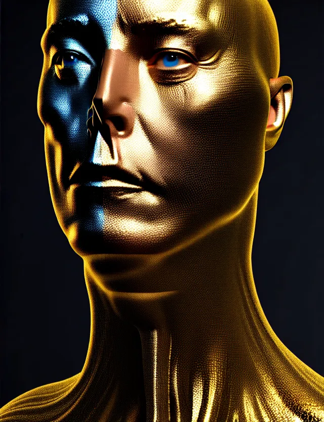 Prompt: complex 3 d face of elon musk face photo, blue gold and black, fractal veins. dragon cyborg, 1 5 0 mm, beautiful natural soft light, rim light, fractal details, fine lace, mandelbot fractal, anatomical, glass, facial muscles, elegant, ultra detailed, metallic armor, octane render, depth of field