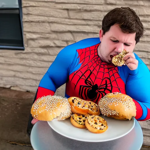 Image similar to overweight spider - man eating a bagel, photograph, 8 k