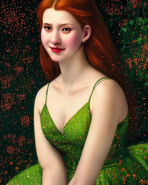 Image similar to a happy young woman looking over shoulder, intricate detailed dress, sitting among the lights of golden fireflies and nature, long loose red hair, bright green eyes, small nose with freckles, triangle shape face, smiling, dreamy scene, golden ratio, high contrast, hyper realistic digital art by caravaggio and artgerm.