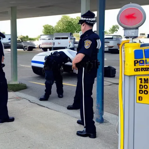 Image similar to Mr. Clean getting arrested by the police at a gas station