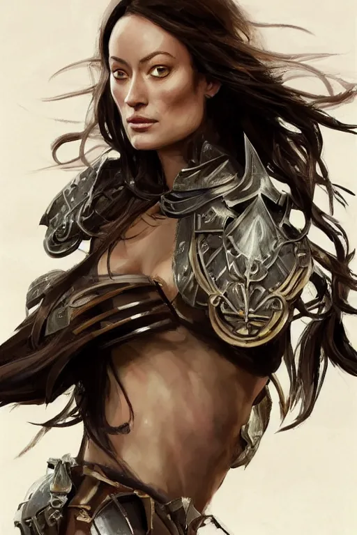 Image similar to a professionally painted portrait of Olivia Wilde, clothed in ancient battle armor, olive skin, long dark hair, beautiful bone structure, symmetrical facial features, stunningly beautiful, intricate, elegant, digital painting, trending on Artstation, concept art, smooth, sharp focus, illustration, from Metal Gear by Ruan Jia and Mandy Jurgens and Artgerm and William-Adolphe Bouguerea, award winning