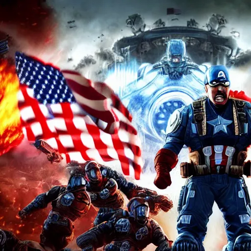 Image similar to Donald Trump as ((captain america)) in Gears of War, patriotic, splash art, movie still, cinematic lighting, dramatic, octane render, long lens, shallow depth of field, bokeh, anamorphic lens flare, 8k, hyper detailed, 35mm film grain