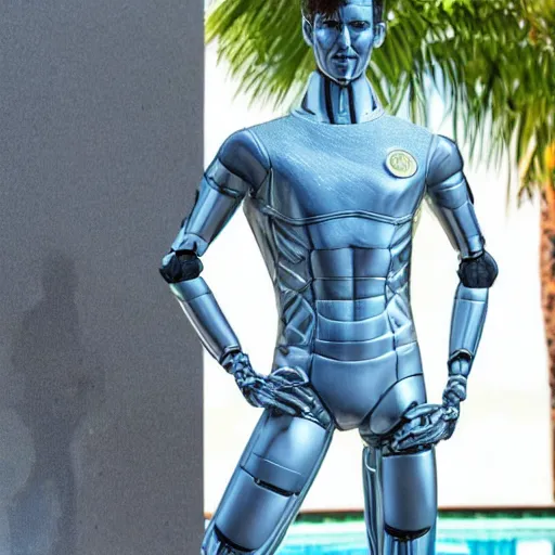 Image similar to a realistic detailed photo of a guy who is an attractive humanoid who is half robot and half humanoid, who is a male android, soccer player martin ødegaard, shiny skin, posing like a statue, blank stare, by the pool, on display, showing off his muscles, humanoid robot, frozen ice statue