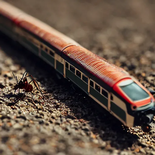 Image similar to Macro photography of an ant boarding a very very small train on a sunny day, professional photography, 8k, trending on artstation