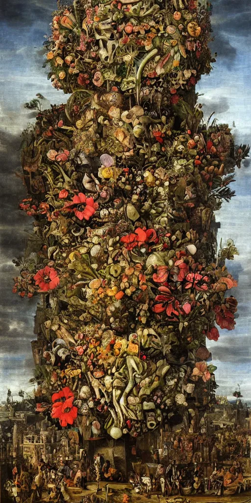 Prompt: giant grotesque flower in the middle of abandoned alien cityscape, ultradetailed by Giuseppe Arcimboldo and Passarotti