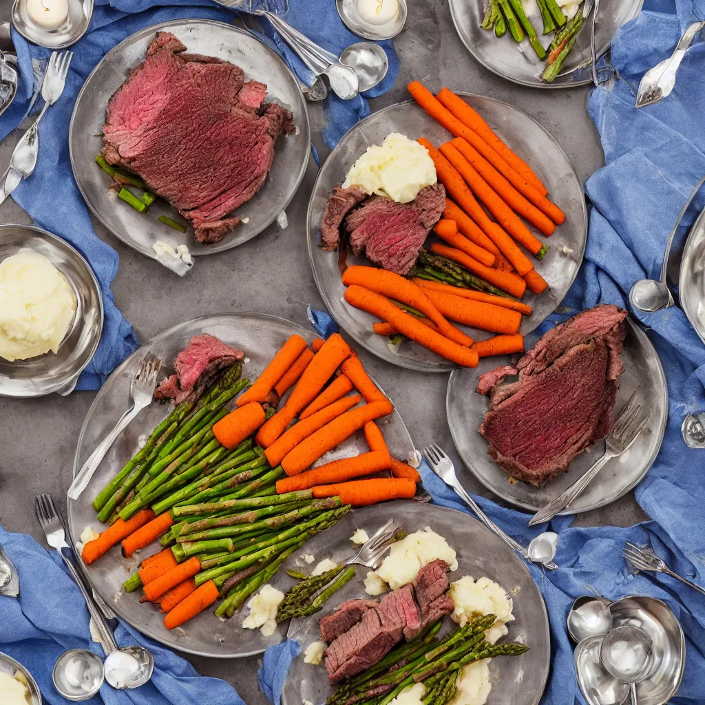 Image similar to macro chest - level shot of a single plate with prime rib, asparagus, mashed potatoes and gravy, and steamed carrots with blue table cloth and lit candles in ornate silver candlesticks, ultra - realistic, photo realism, professional photograph, extreme detail, deep focus, laser sharp, volumetric lighting, atmospheric, luxury, elite