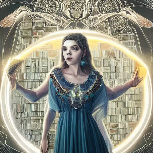 Image similar to a portrait of a older anya taylor - joy as the goddess minerva surrounded by stacks of books, bioluminescent gown with deep level of detail of esoteric symbols, urban motifs, intricate, elegant, highly detailed, digital painting, trending on artstation, concept art, smooth sharp focus, illustration, art by artgerm and greg rutkowski