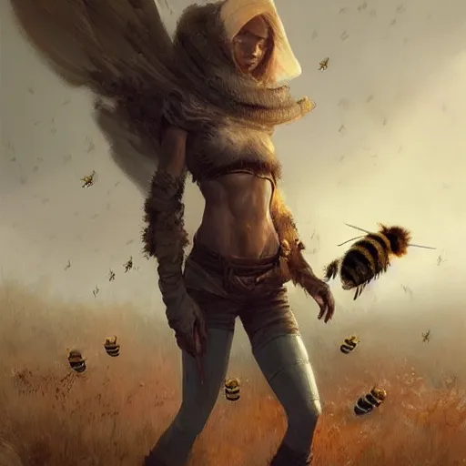 Image similar to a skinny Hunter from Stone Age surrounded by bees Greg Rutkowski and Raymond Swanland, Trending on Artstation, cloudy background, ultra realistic digital art