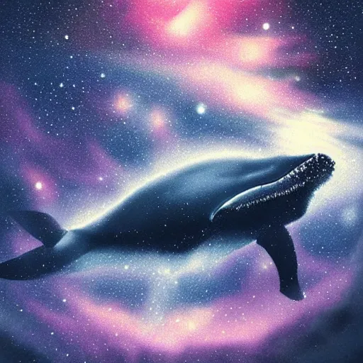 Image similar to portrait of whale swimming on a dark night sky, swimming across the universe, galaxies, oniric, dreamy, beautiful, highly detailed, realistic, cinematic, dynamic composition, trending on artstation