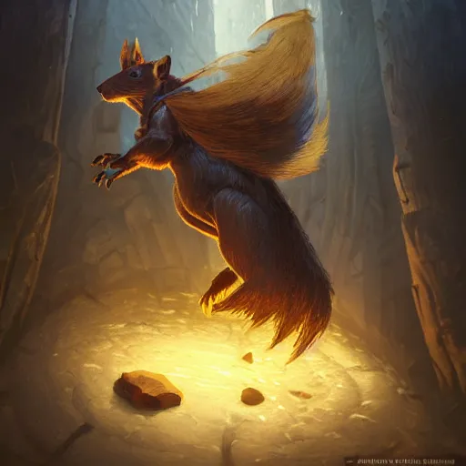 Image similar to Squirrel knight, magic the gathering artwork, D&D, fantasy, cinematic lighting, centered, symmetrical, highly detailed, digital painting, artstation, concept art, smooth, sharp focus, illustration, volumetric lighting, epic Composition, 8k, art by Akihiko Yoshida and Greg Rutkowski and Craig Mullins, oil painting, cgsociety