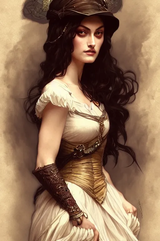 Image similar to Phoebe Tonkin dressed in Victorian fashion, D&D, fantasy, intricate, elegant, highly detailed, digital painting, artstation, concept art, matte, sharp focus, illustration, art by Artgerm and Greg Rutkowski and Alphonse Mucha