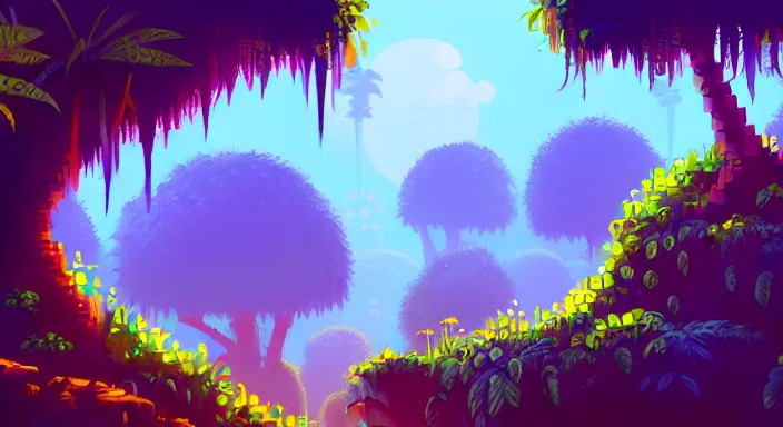 Prompt: beauiful background painting of a jungle level of a 2 d sidescroller game, the jungle is dense and thick, under sunlight above, video game art, pixel art, concept art, soft and lushful, impressionism, ultra detailed, natural lighting, trending on artstation
