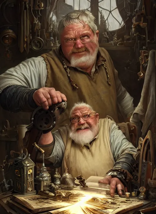 Image similar to an epic fantasy comic book style portrait painting of a an old tinker fat man working on a device in her workshop, d & d, fantasy, intricate, elegant, highly detailed, digital painting, artstation, concept art, matte, sharp focus, illustration, art by artgerm and greg rutkowski and alphonse mucha