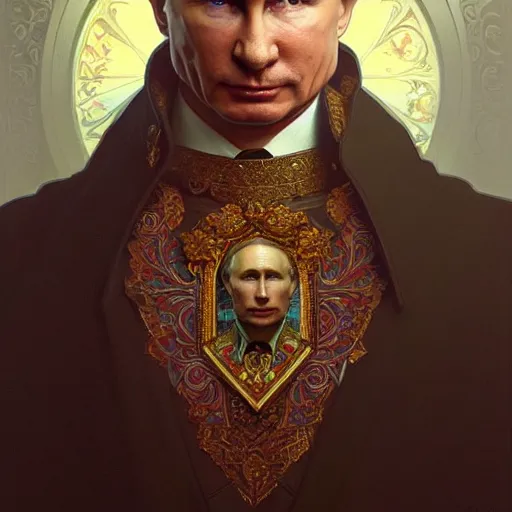 Image similar to a portrait of putin, upper half portrait, decorated with russian motifs, traditional russia, intricate, elegant, highly detailed, symmetry, headpiece, digital painting, artstation concept art smooth sharp focus, illustration, art by artgerm and greg rutkowski alphonse mucha 8 k