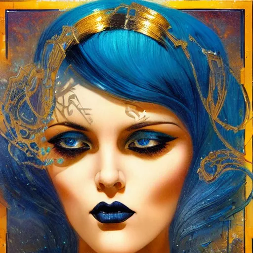 Image similar to a woman with blue and gold hair, an art deco painting by karol bak, featured on cgsociety, gothic art, poster art, art deco, tarot card