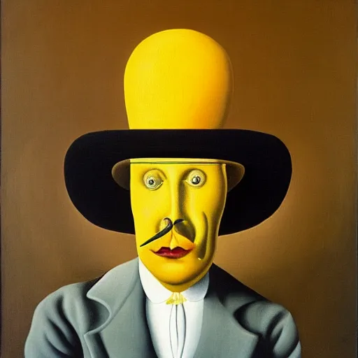 Prompt: a man wearing a top hat made of cheese, surrealism, by salvador dali and rene magritte, oil on canvas