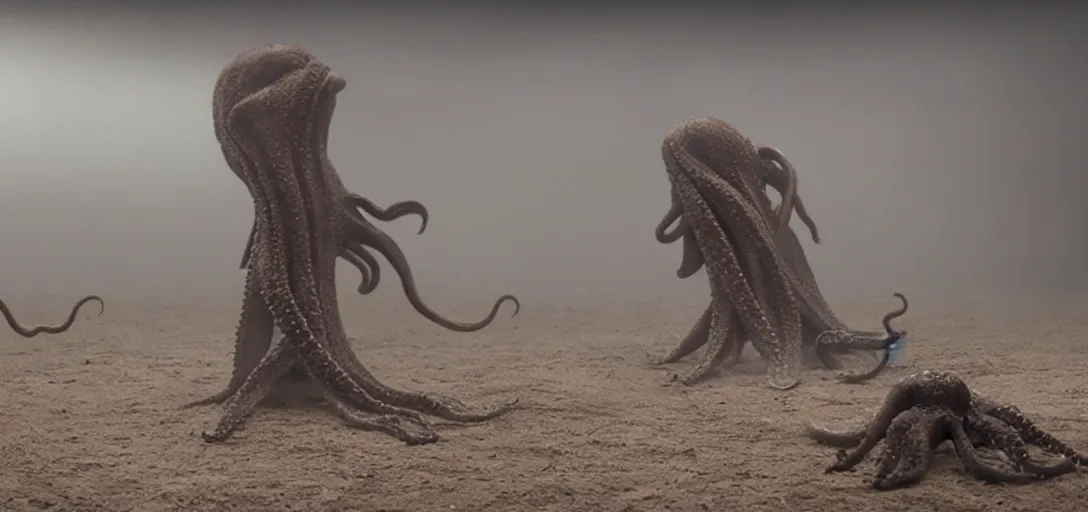 Image similar to an octopus in the shape of a skull, foggy, cinematic shot, photo still from movie by denis villeneuve, wayne barlowe