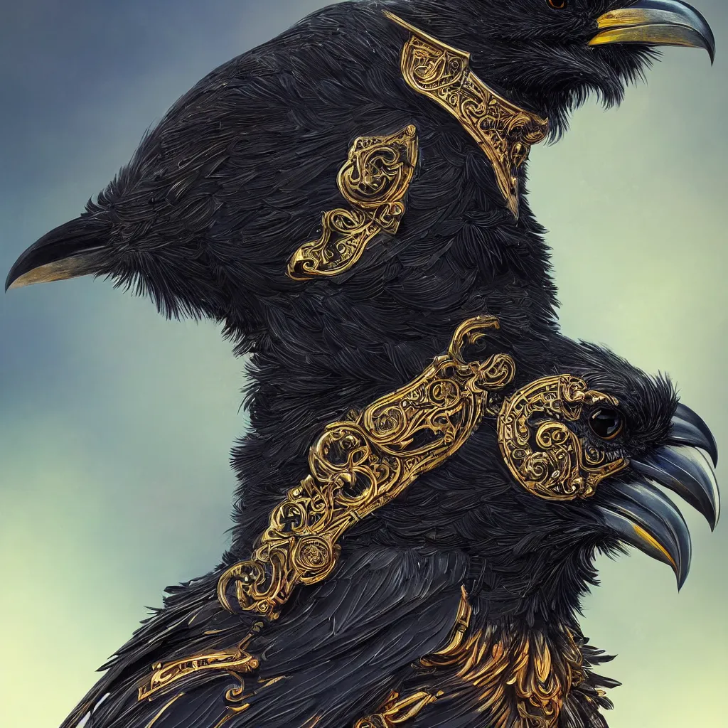 Image similar to beautiful black raven bird with ornate armor, cute, intricate, highly detailed, digital painting, trending on artstation, concept art, smooth, sharp focus, backlit, rim light, vivid colors, illustration, unreal engine 5, 8 k, art by rossdraws and alphonse mucha