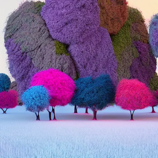 Image similar to Colorful fluffy trees made of fur in a field, octane render, volumetric lighting