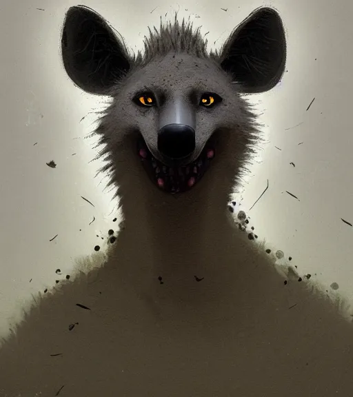 Image similar to foggy dirt road portrait of furry anthro anthropomorphic spotted hyena head animal person fursona wearing clothes horror gloomy digital art photo by Greg Rutkowski, Simon Stalenhag, christopher nolan trending on Artstation, CGSociety