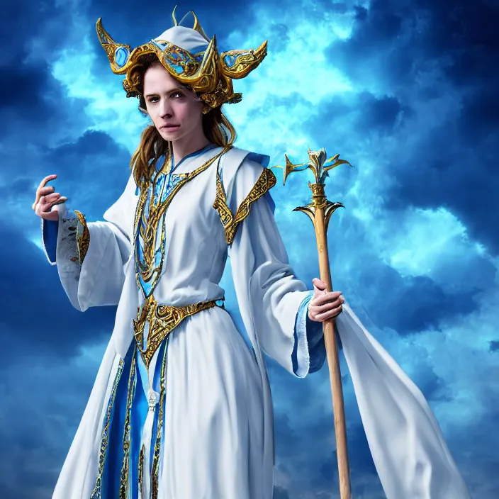 Prompt: photograph of a real - life beautiful elemental sky witch with ornate white and blue robes and staff. extremely detailed. 8 k