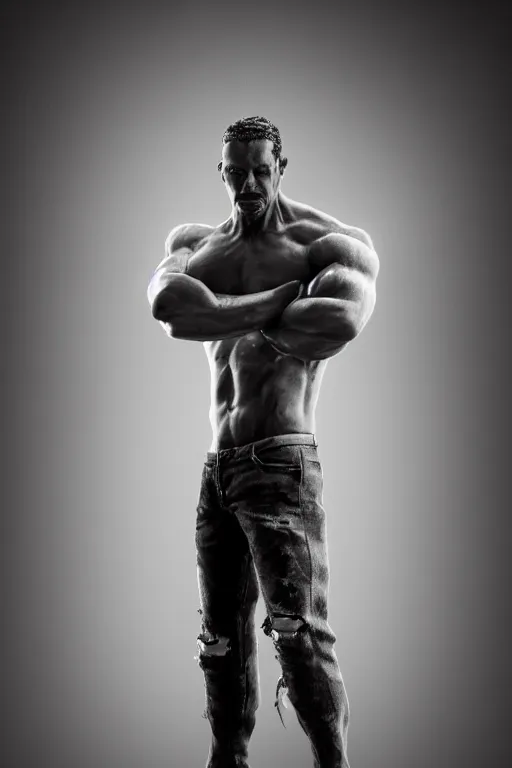 Image similar to a single muscular man wearing torn clothes, looking to the right, profile picture, hyperrealistic, concept art, octane render, unreal engine 5, trending on artstation, high quality, highly detailed, 8 k, dramatic lighting, cinematic, high coherence, anatomically correct, five fingers, digital art, seductive, black and white