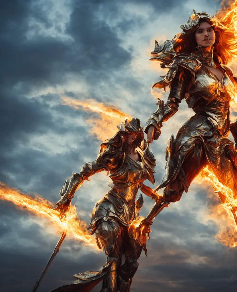 Prompt: Full-body shot of a fiercely beautiful woman in angelic battle armor, wielding a flaming sword, among the clouds, golden hour photography, cinematic, epic, 4k, stylized, realism