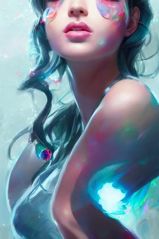 Prompt: gem! and the holograms, seductive look, chromatic aberration, hyper realistic, highly detailed, digital painting, trending on artstation, concept art, sharp focus, illustration, art by wlop and artgerm and greg rutkowski and ayami kojima