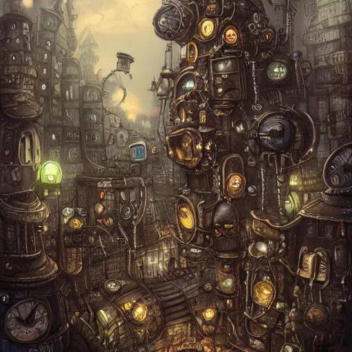 Image similar to machinarium city, steampunk style, fantasy style, super high detail, super high quality, talented artist, trending on artstation