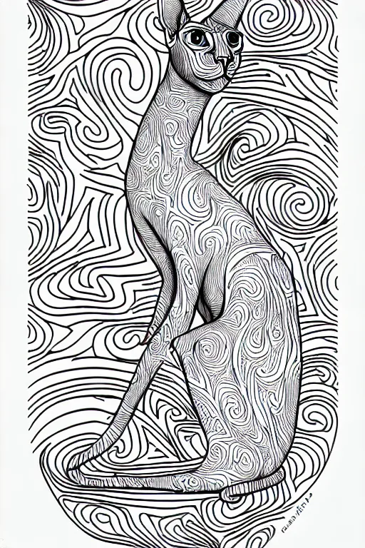 Image similar to sphynx cat statue ornaments fractal ink drawing line art colouring page, vector, margins, fine lines, centered