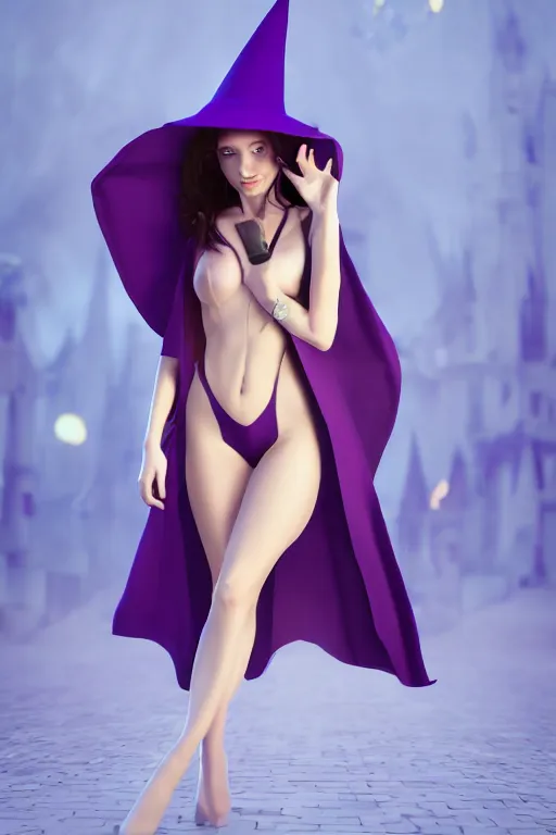 Image similar to Young cute small beautiful girl in form fitting slim purple witch robes and pointy hat at a crowded magical university, full body shot unreal engine hyperreallistic render 8k character masterpiece digital art, trending on Artstation, CGSociety