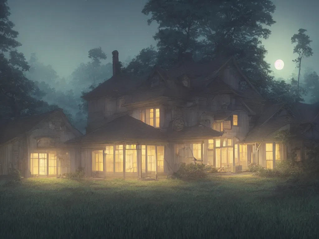 Image similar to A highly detailed matte painting of single house at night, moon, forest, by Studio Ghibli, Makoto Shinkai, by Artgerm, by WLOP, by Greg Rutkowski, volumetric lighting, octane render, 4K resolution, trending on artstation, masterpiece