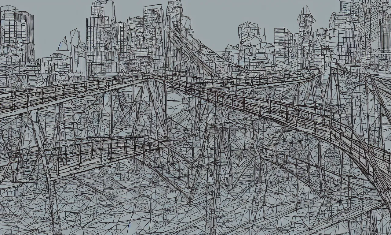 Prompt: wooden bridge, twiddle a twoddle, busy cityscape, digital art, 3 d illustration