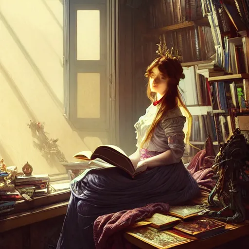 Image similar to Portrait of a girl in cluttered room, reading a book under the skylight, fantasy, intricate, elegant, highly detailed, digital painting, artstation, concept art, smooth, sharp focus, illustration, art by Krenz Cushart and Artem Demura and alphonse mucha