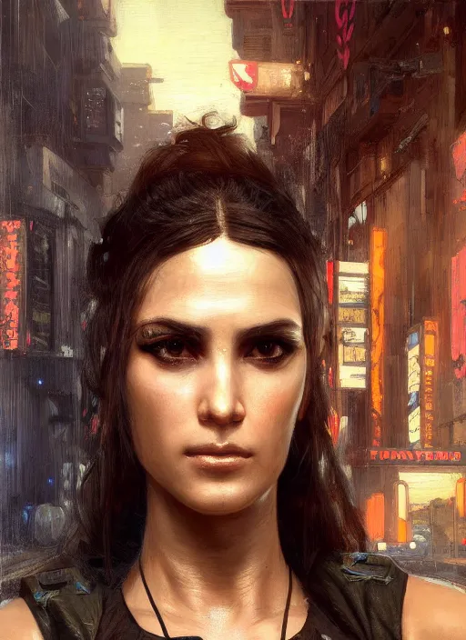 Image similar to Nikki. dangerous beautiful cyberpunk female USN marine wearing a military vest and military jumpsuit (cyberpunk 2077, bladerunner 2049). gorgeous face. Iranian orientalist portrait by john william waterhouse and Edwin Longsden Long and Theodore Ralli and Nasreddine Dinet, oil on canvas. Cinematic, hyper realism, realistic proportions, dramatic lighting, high detail 4k