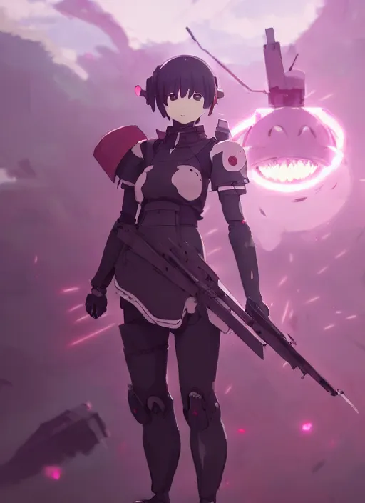 Image similar to homura akemi character, battlefield landscape, illustration concept art anime key visual trending pixiv fanbox by wlop and greg rutkowski and makoto shinkai and studio ghibli and kyoto animation, soldier clothing, cyborg parts, call of duty mecha exoskeleton, grimdark, volumetric lighting, battle tank turret