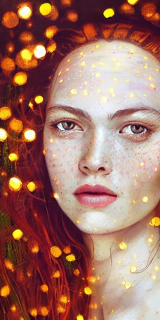 Image similar to fit woman, serene smile surrounded by golden firefly lights, amidst nature fully covered by a intricate detailed dress, long red hair, precise linework, accurate green eyes, small nose with freckles, smooth oval shape face, empathic, expressive emotions, spiritual scene, hyper realistic ultrafine art by artemisia gentileschi, jessica rossier, boris vallejo