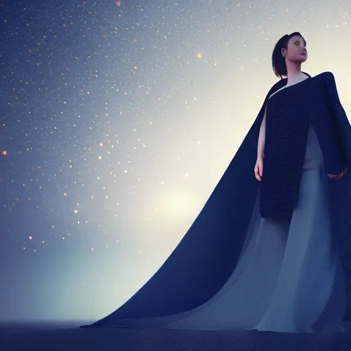 Image similar to woman wearing a cape made of the night sky, full body, elegent, portrait, octane render, radiant lighting, digital painting