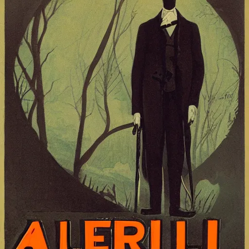 Prompt: color poster of slenderman by adolphe millot