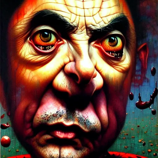 Image similar to uhd photorealistic portrait of mr. bean made of beans, by ayami kojima, yoshitaka amano, esao andrews, karol bak, mark brooks, tonalism, rich deep colors. beksinski painting, art by adrian ghenie and gerhard richter. art by takato yamamoto. masterpiece